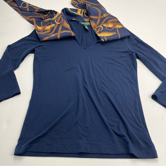 Lauren Ralph Lauren Equestrian Bridle Print Scarf Blue Gold Top Petite Small - Picture 9 of 12